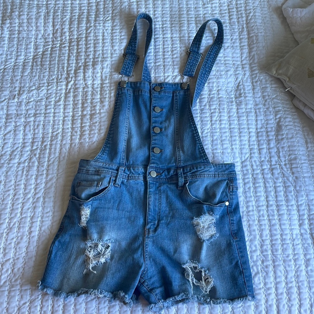 Distressed Denim Short Overalls